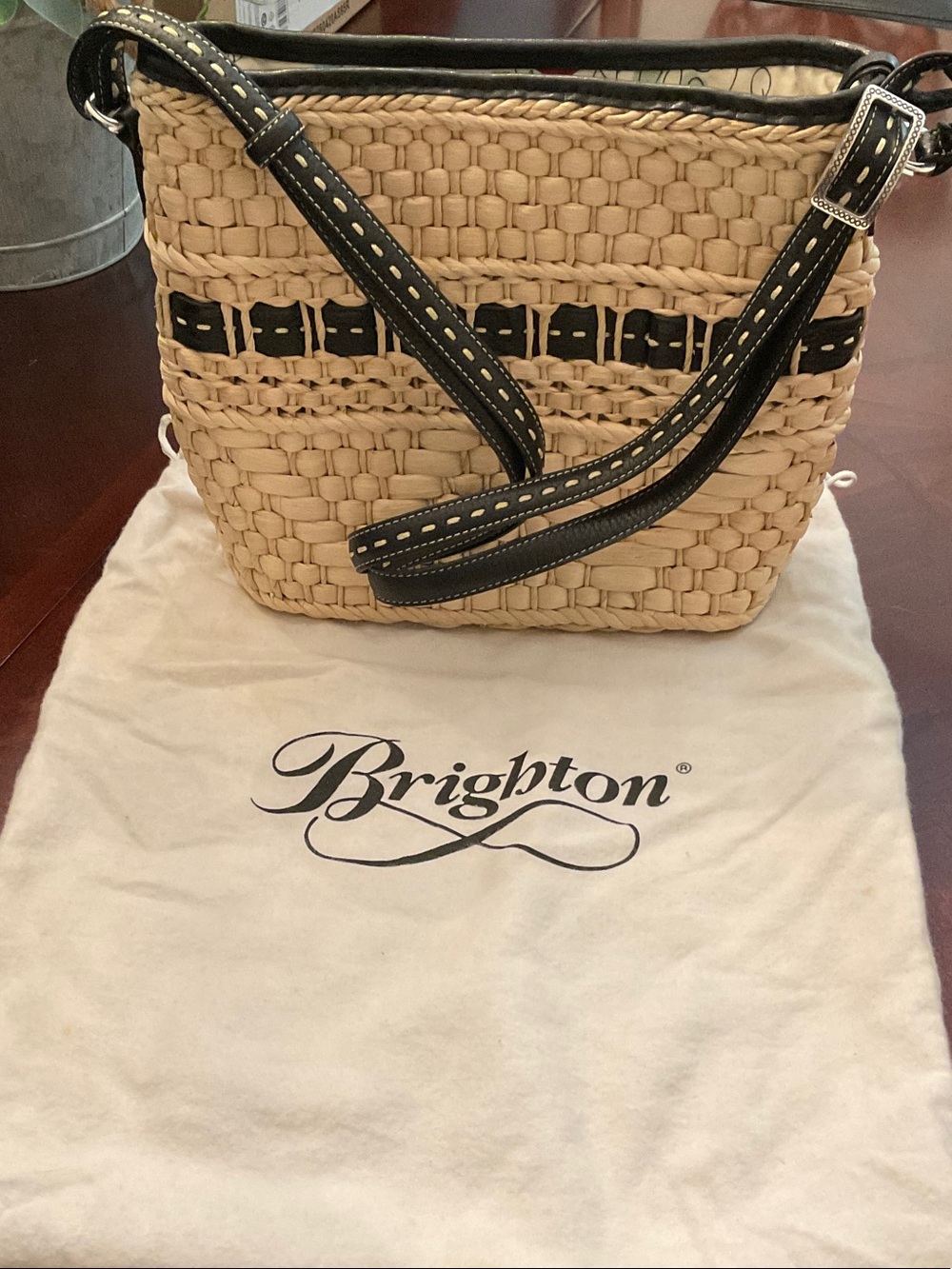 Brighton Natural Straw Shoulder Bag with Black Trim